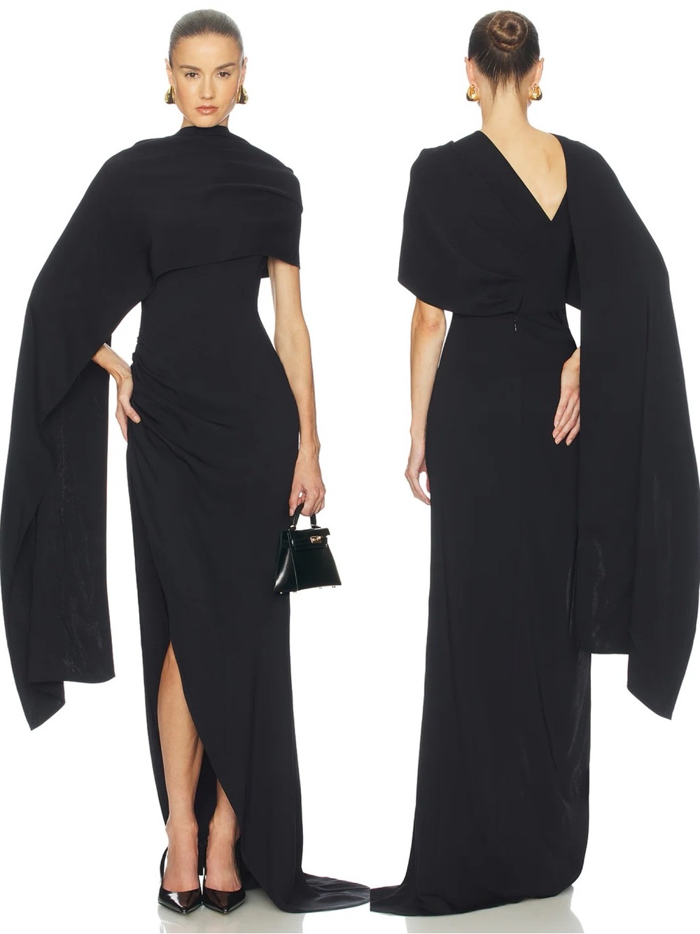 HELSA Anastasia Cross Shoulder Draped Maxi Dress Gown Black NEW with tags